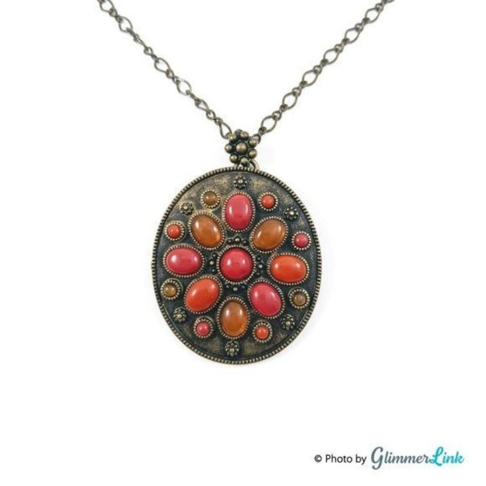 Axcess Liz Claiborne Boho Floral Cabochon Medallion Necklace